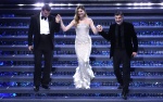 (L-R) Italian actors Giacomo Giorgio, Vittoria Puccini and Carmine Recano on stage at the Ariston theatre during the 75th edition of the Sanremo Italian Song Festival, in Sanremo, Italy, 12 February 2025. The music festival will run from 11 to 15 February