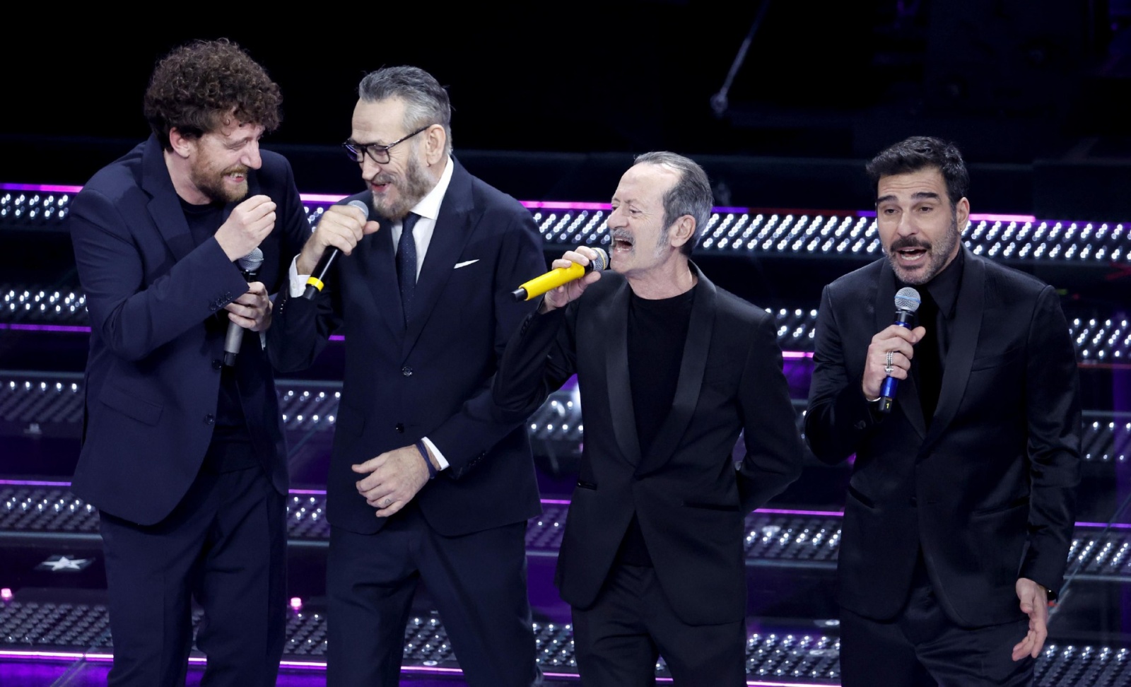 (L-R) Italian actors Maurizio Lastrico, Marco Giallini, Rocco Papaleo, Claudio Santa Maria, Edoardo Leo on stage at the Ariston theatre during the 75th edition of the Sanremo Italian Song Festival, in Sanremo, Italy, 12 February 2025. The music festival w