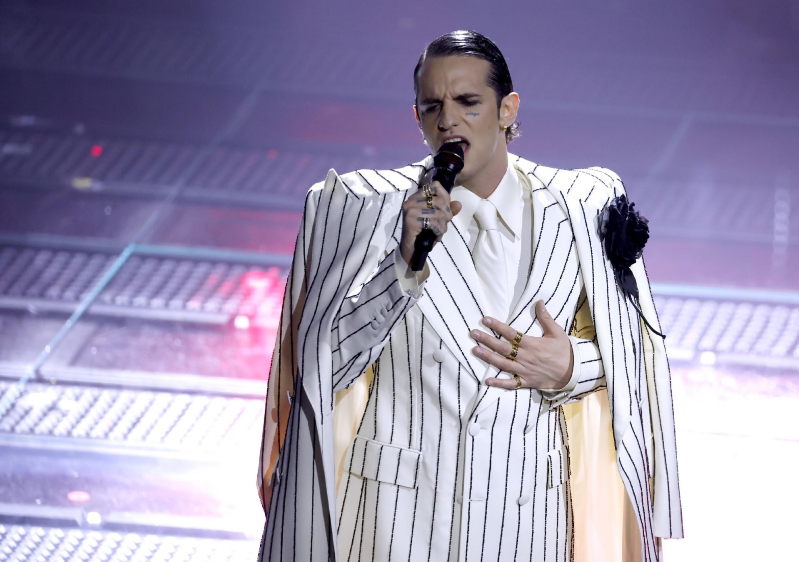 Italian singer Achille Lauro performs on stage at the Ariston theatre during the 75th edition of the Sanremo Italian Song Festival, in Sanremo, Italy, 12 February 2025. The music festival will run from 11 to 15 February 2025. ANSA/FABIO FRUSTACI