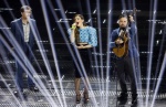 (L-R) Italian singers Willie Peyote, Ditonellapiaga and Federico Zampaglione perform on stage at the Ariston theatre during the 75th edition of the Sanremo Italian Song Festival, in Sanremo, Italy, 14 February 2025. The music festival will run from 11 to 