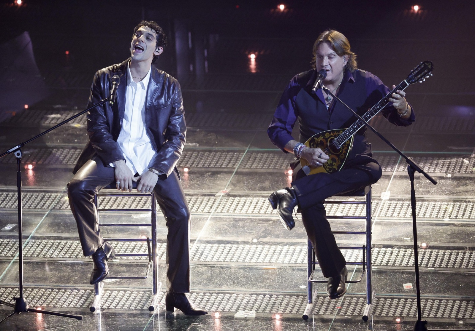 Italian singers Bresh (L) and Cristiano De Andr perform on stage at the Ariston theatre during the 75th edition of the Sanremo Italian Song Festival, in Sanremo, Italy, 14 February 2025. The music festival will run from 11 to 15 February 2025. ANSA/FABIO 