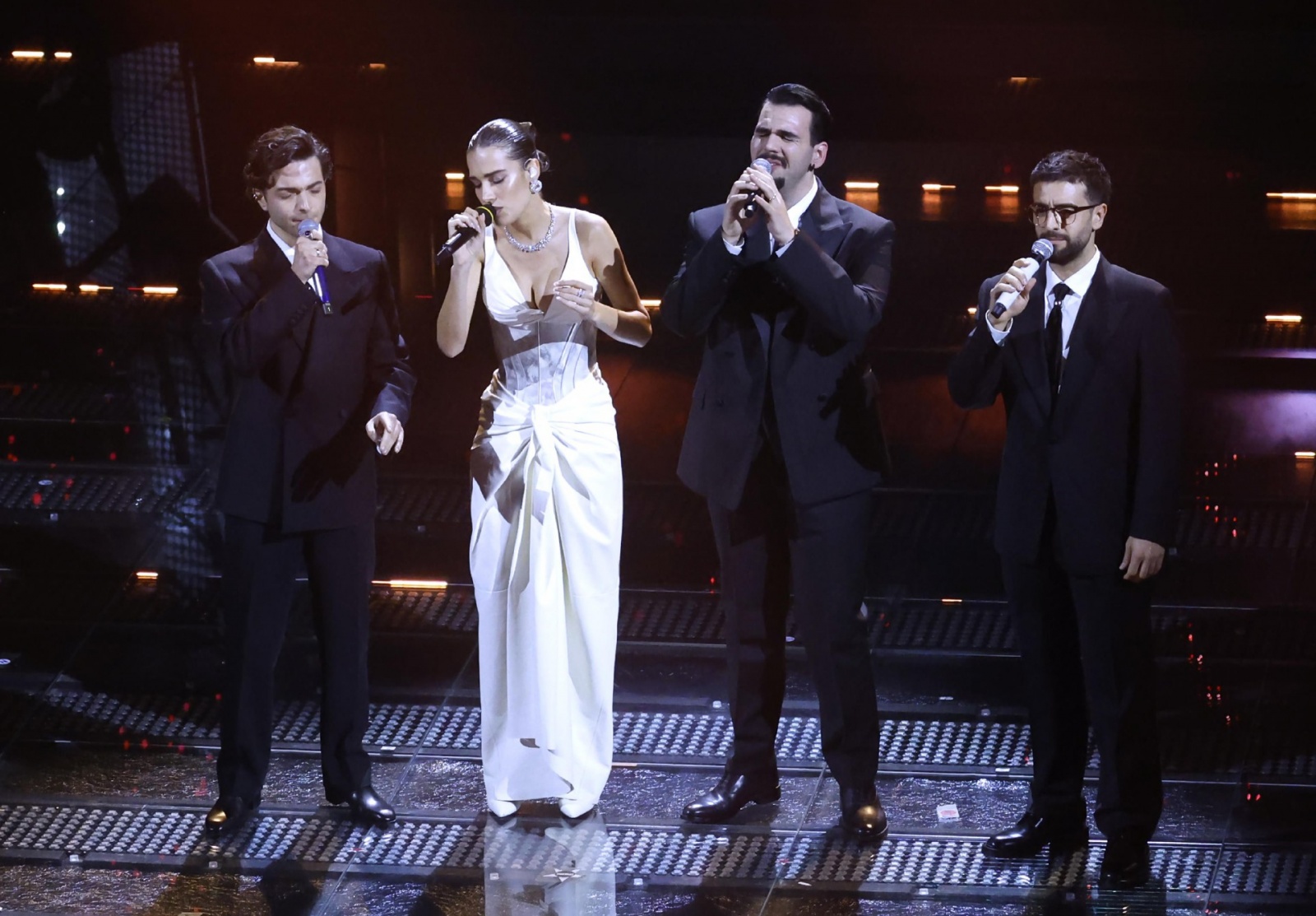 Italian singer Clara with Italian operatic pop tenors Il Volo perform on stage at the Ariston theatre during the 75th edition of the Sanremo Italian Song Festival, in Sanremo, Italy, 14 February 2025. The music festival will run from 11 to 15 February 202