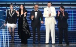 (L-R) Italian actor Pilar Fogliati, Italian singer Laura Pausini, Sanremo Festival host and artistic director Carlo Conti, Italian singer Achille Lauro and Italian actor Lillo Petrolo on stage at the Ariston theatre during the 76th edition of the Sanremo 