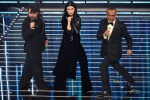Sanremo Festival host and artistic director Carlo Conti (R), Italian singer Laura Pausini (C) and Italian actor Lillo Petrolo on stage at the Ariston theatre during the 76th edition of the Sanremo Italian Song Festival, in Sanremo, Italy, 25 February 2026