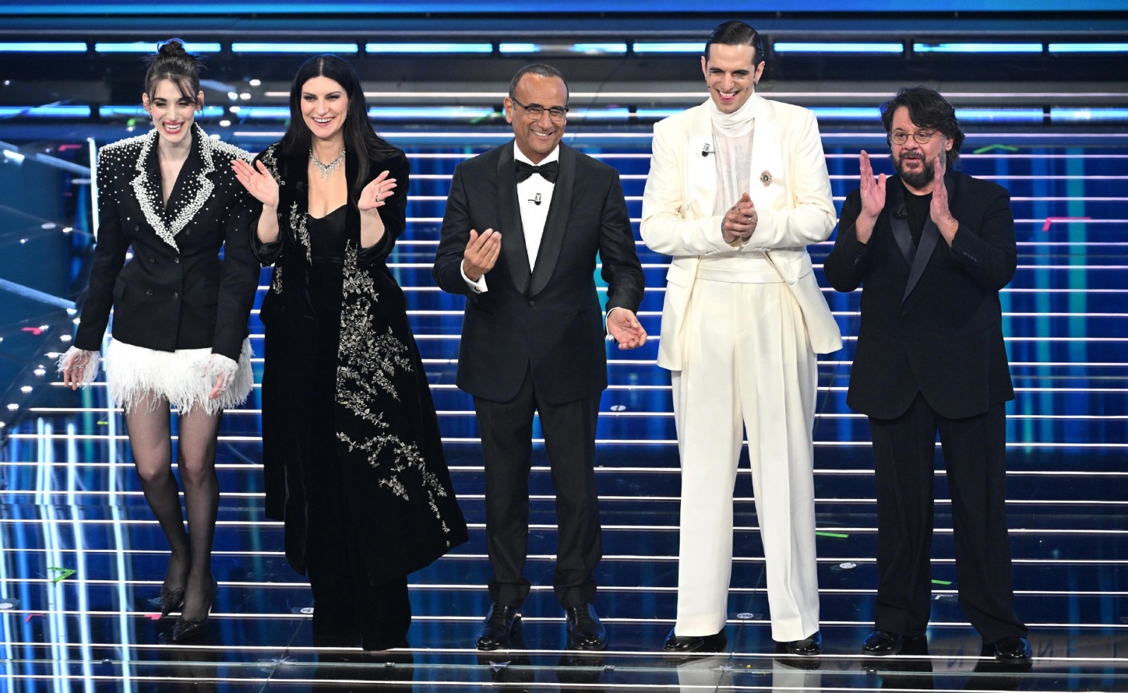 (L-R) Italian actor Pilar Fogliati, Italian singer Laura Pausini, Sanremo Festival host and artistic director Carlo Conti, Italian singer Achille Lauro and Italian actor Lillo Petrolo on stage at the Ariston theatre during the 76th edition of the Sanremo 