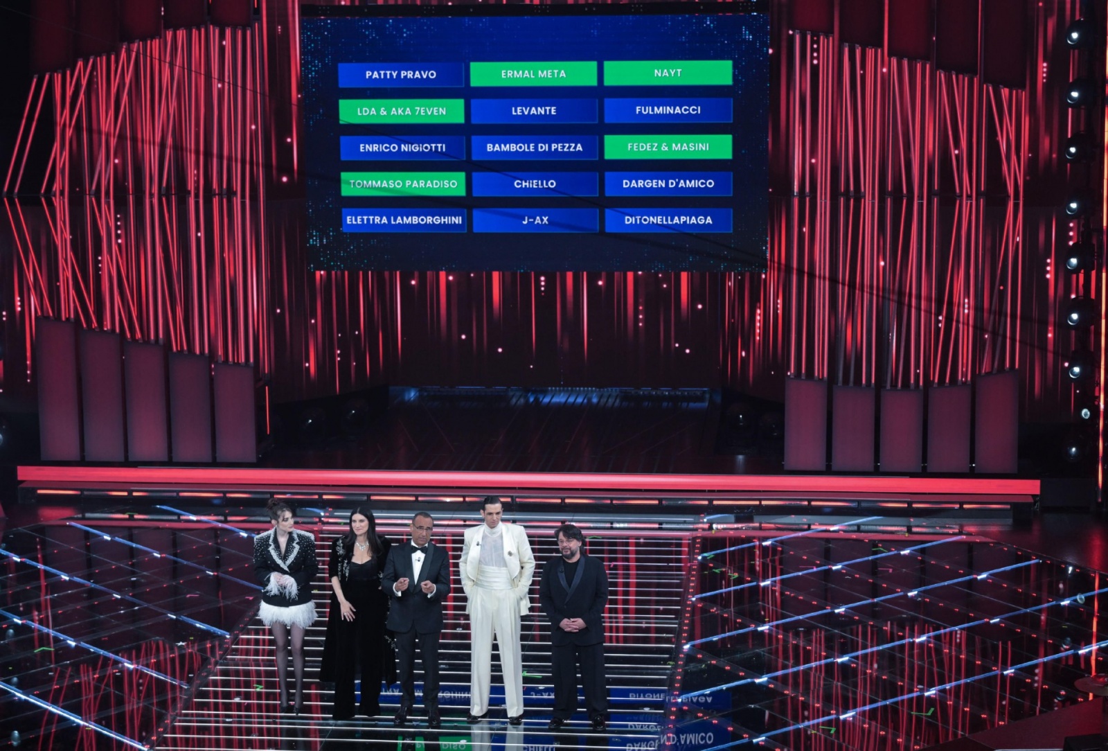 (L-R) Italian actor Pilar Fogliati, Italian singer Laura Pausini, Sanremo Festival host and artistic director Carlo Conti, Italian singer Achille Lauro and Italian actor Lillo Petrolo on stage at the Ariston theatre during the 76th edition of the Sanremo 