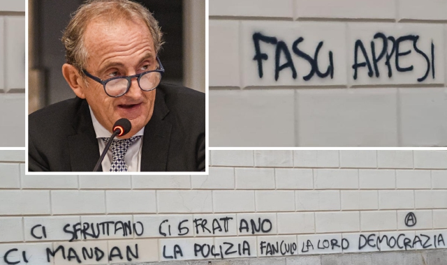 Una delle scritte apparse ieri mattina sui muri di Palazzo Gilardoni: durissima la condanna da parte del sindaco Emanuele Antonelli