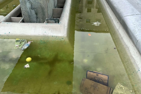 Fontana spenta e rifiuti galleggianti in piazza Monte Grappa
