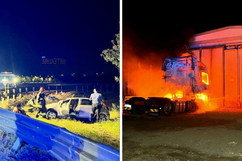 Auto ribaltata e motrice in fiamme