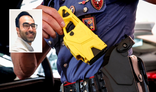 Il taser in dotazione a un carabiniere. Nel riquadro, Cristian Sternativo