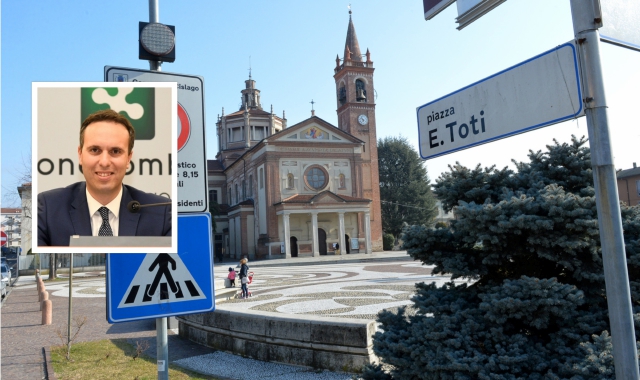 Piazza Toti a Cislago e nel riquadro il vice presidente del Consiglio regionale, Giacomo Cosentino