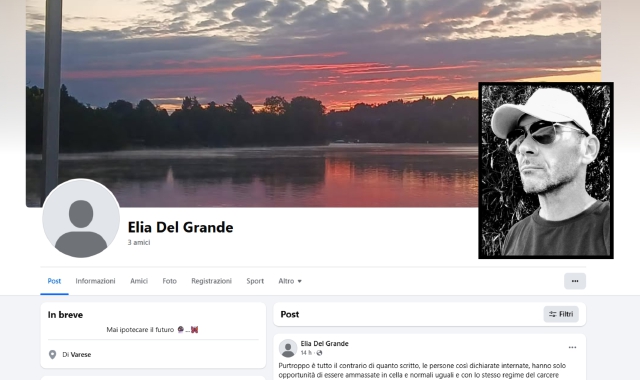 Il nuovo profilo Facebook riconducibile a Elia Del Grande. Nel riquadro, il 49enne