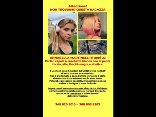 Giovane scomparsa, procura di Padova indaga per sequestro di persona