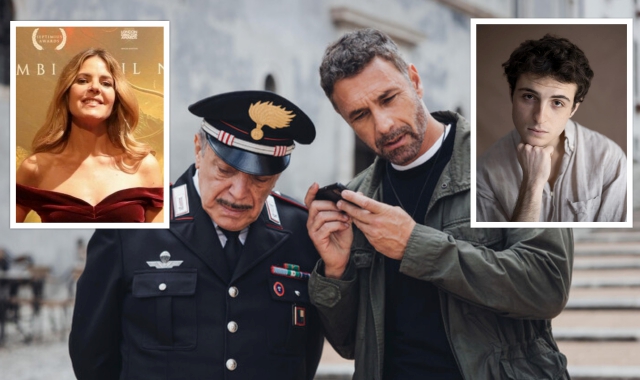 Una scena di Don Matteo 15 e nei riquadri Elisabetta Pellini e Samuele Satta