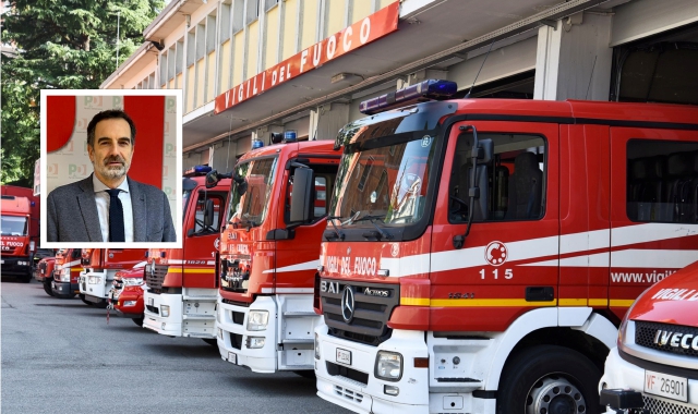 La sede del comando provinciale dei vigili del fuoco di Varese e nel riquadro il senatore varesino del Pd, Alessandro Alfieri