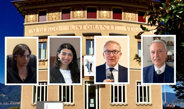 Palazzo Verbania, sede dell’incontro sulla riforma, e nei riquadri Marialina Contaldo, Giulia Grillo, Andrea Pellicini e Luca Marsico 