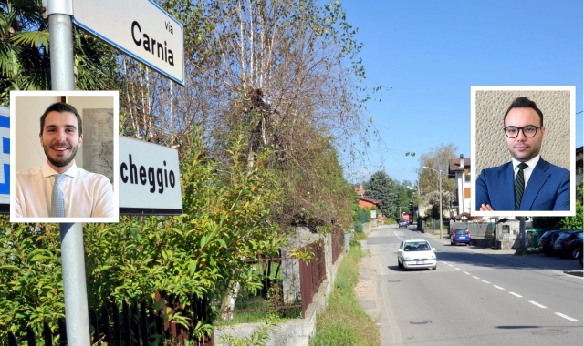 Via Carnia, dove verrà tracciata la ciclabile, e nei riquadri i consiglieri  Luca Boldetti e Stefano Angei